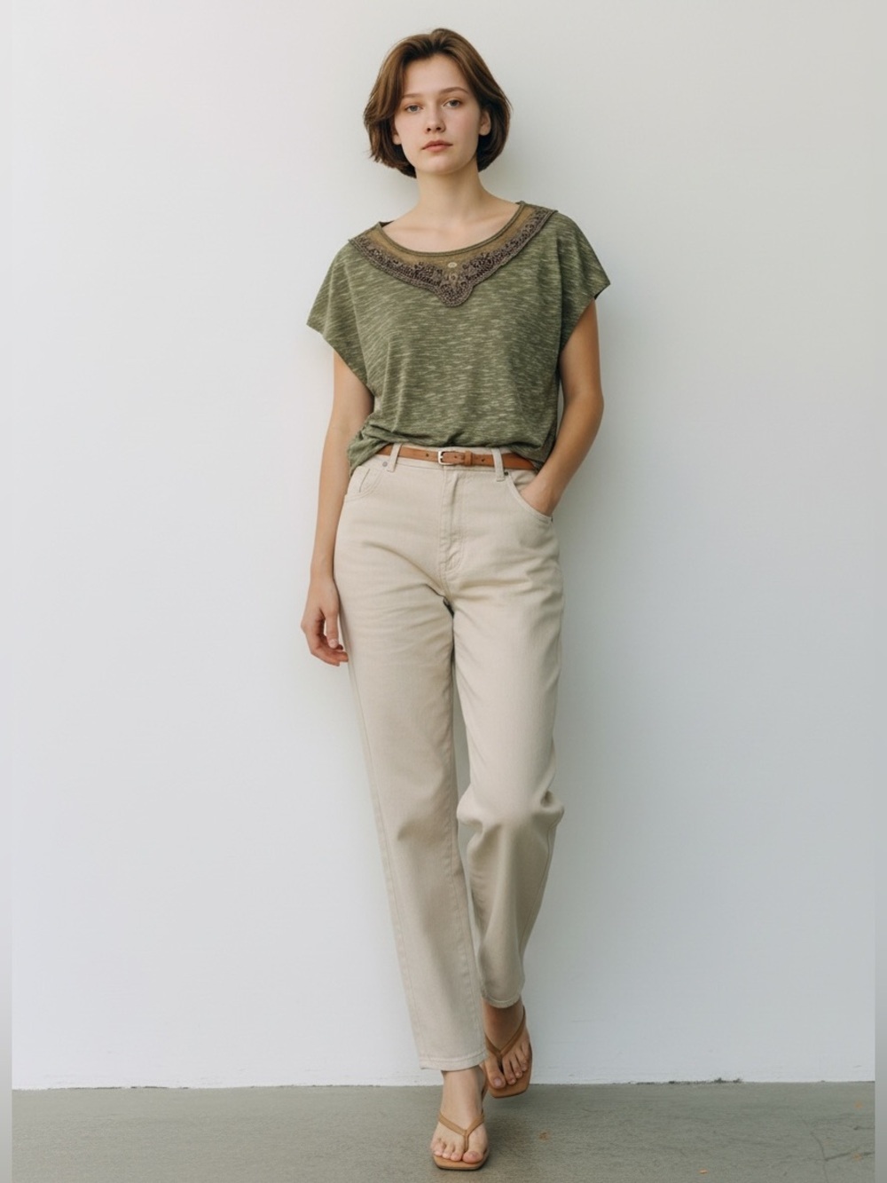 Ricki’s Cap Sleeve T-Shirt Crochet Trim Top Khaki Green Space Dye Small